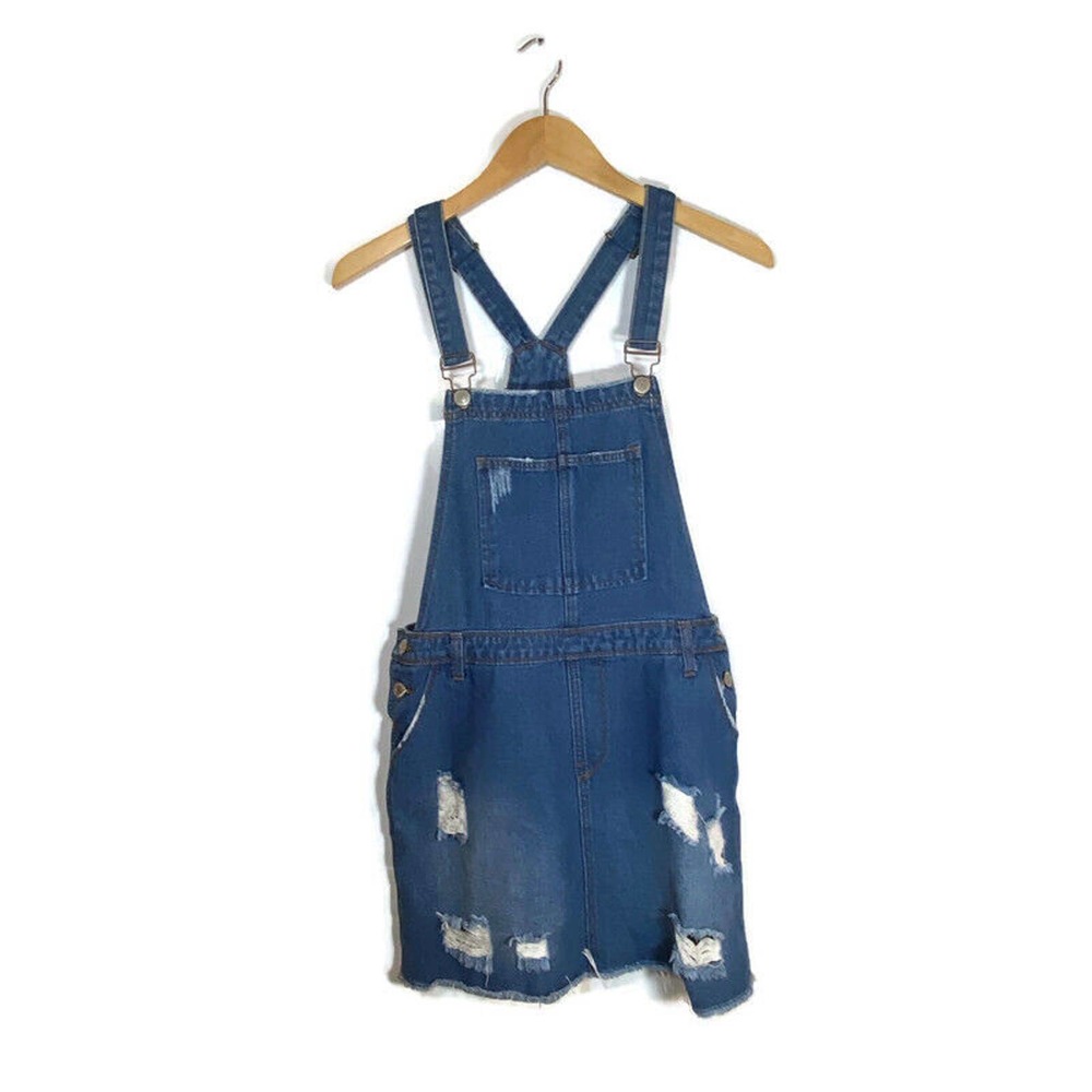 I& M Sz M Jeans Overall Destroyed Mini Dress Y2K 90s Denim Distressed
